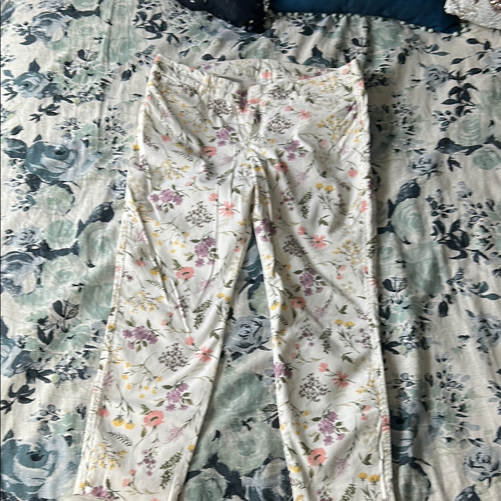 Floral Print White Trouser Pants - Sz 12